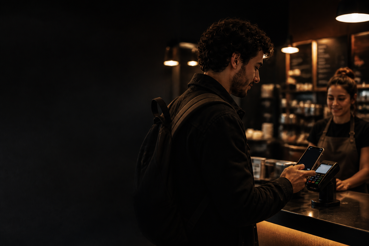 A traveler making a contactless phone payment at a café